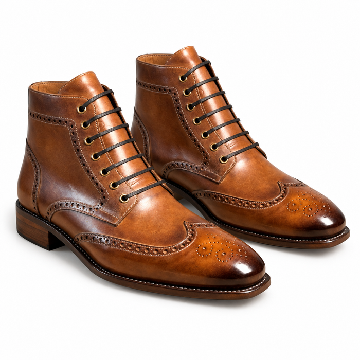 Harmain Leathers Men's The Lancaster Burnished Brown Brogue Boot - Handcrafted Full-Grain Leather