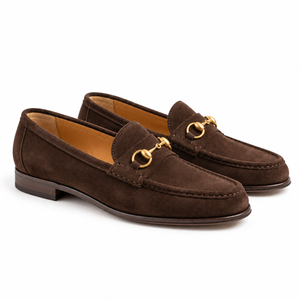 Men's dark brown suede horsebit loafers, side profile