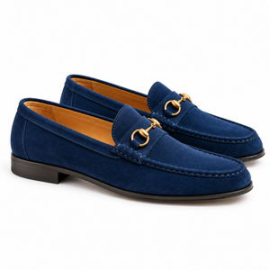 Men's blue suede horsebit loafers, side profile