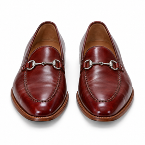 Burgundy leather horsebit loafers, front view showing the metal bit