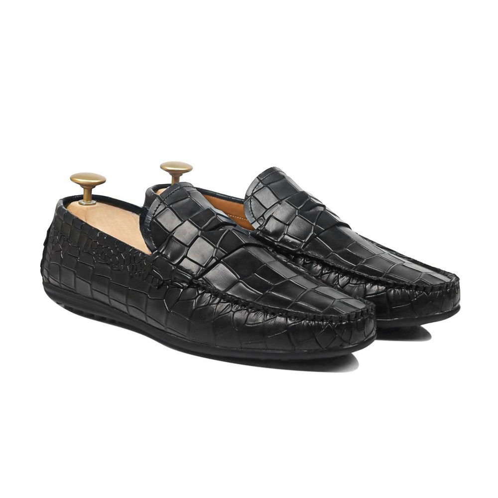 Airox-Black Crocodile-Effect Leather Driving Loafers