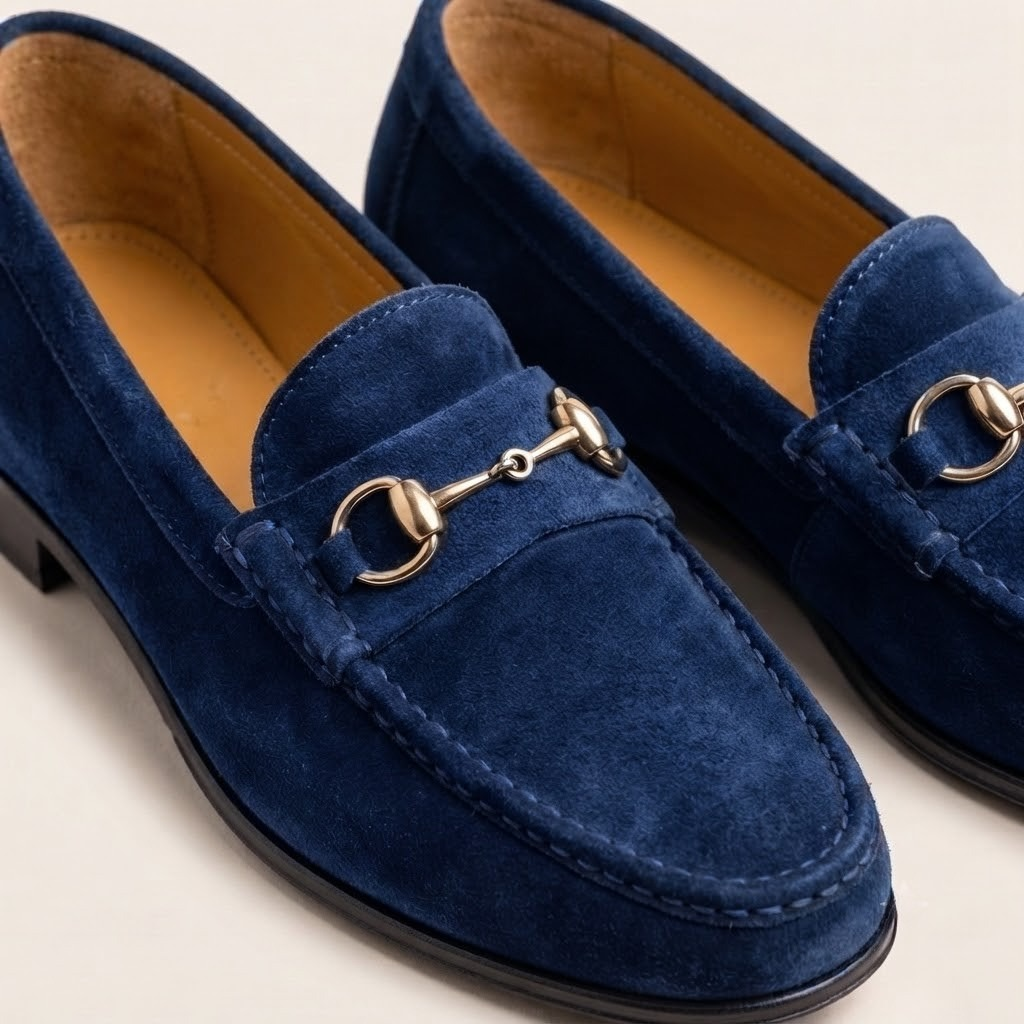 Handcrafted Italian Style Blue Suede Horsebit Loafers for Men | Harmain Leathers