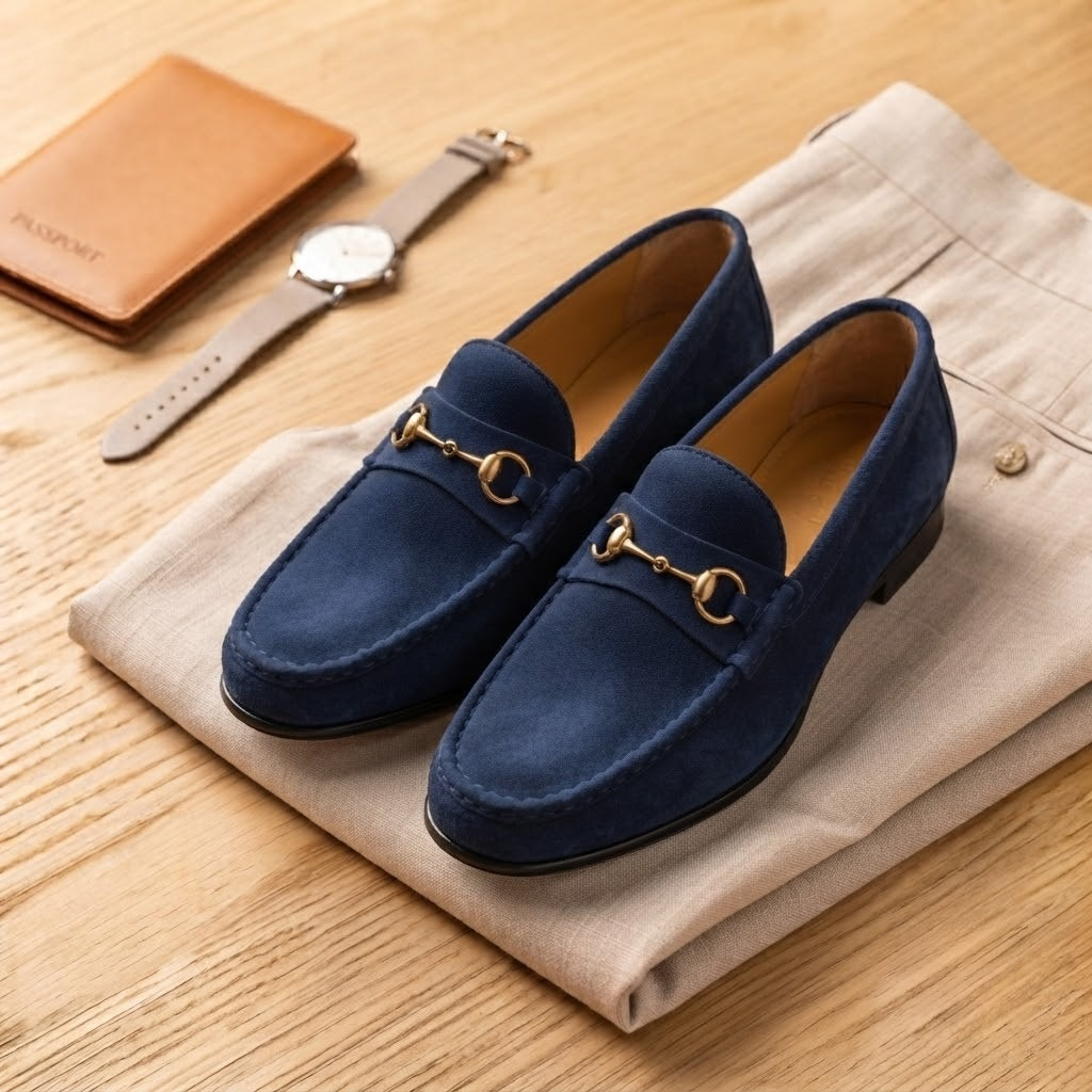 Handcrafted Italian Style Blue Suede Horsebit Loafers for Men | Harmain Leathers