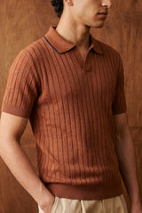 Brown The Ribbed Knit Johnny Collar Polo In Terracotta
