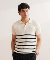 Knit Cable-Stitched Striped Polo – Antique Cream & Navy