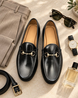 Black leather gold bit loafers in a flat lay with chinos, belt and fragrance