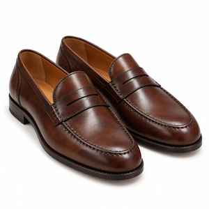 Pair of men's dark brown leather penny loafers, three-quarter view