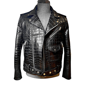 Black crocodile leather jacket on a mannequin with a white background