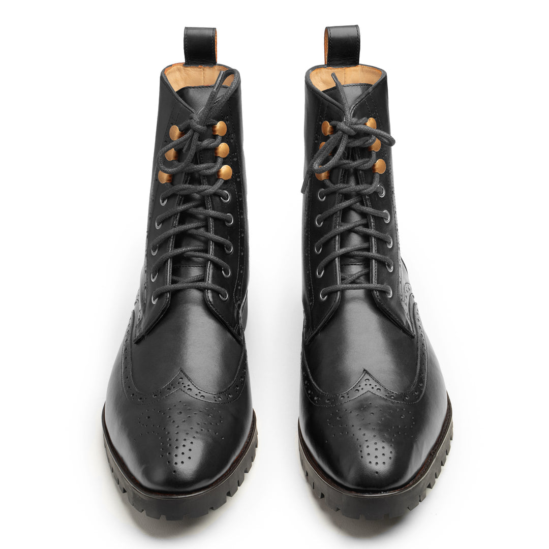 Men's Black Leather Brogue Boots - Chunky Sole Lace-Up UK