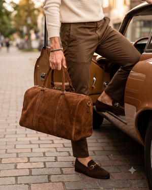 Side profile of Harmain Leathers Unisex Brown Suede And Leather Dark Brown Suede Horsebit Loafers.