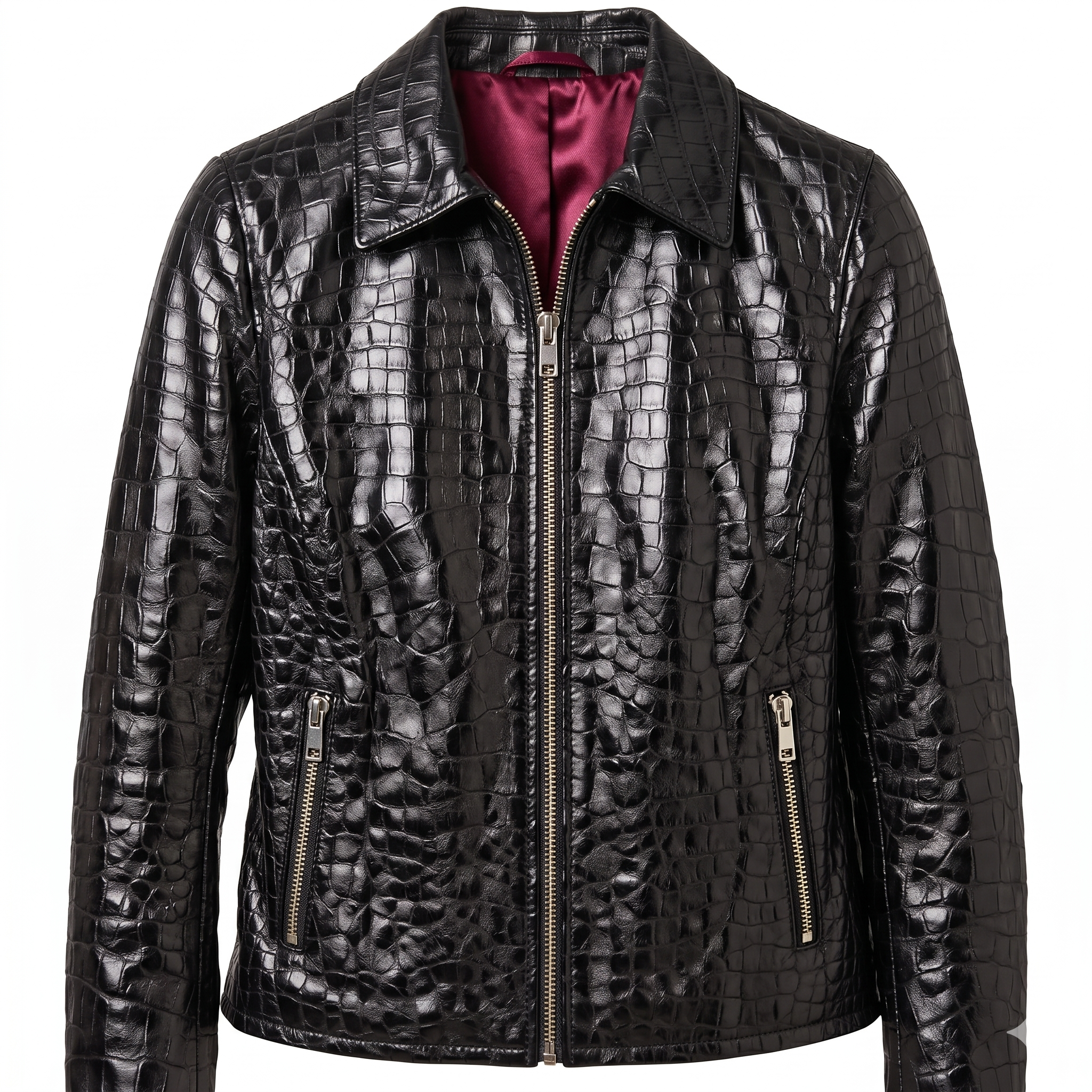 Crocodile-Embossed Leather Jacket With Satin Lining