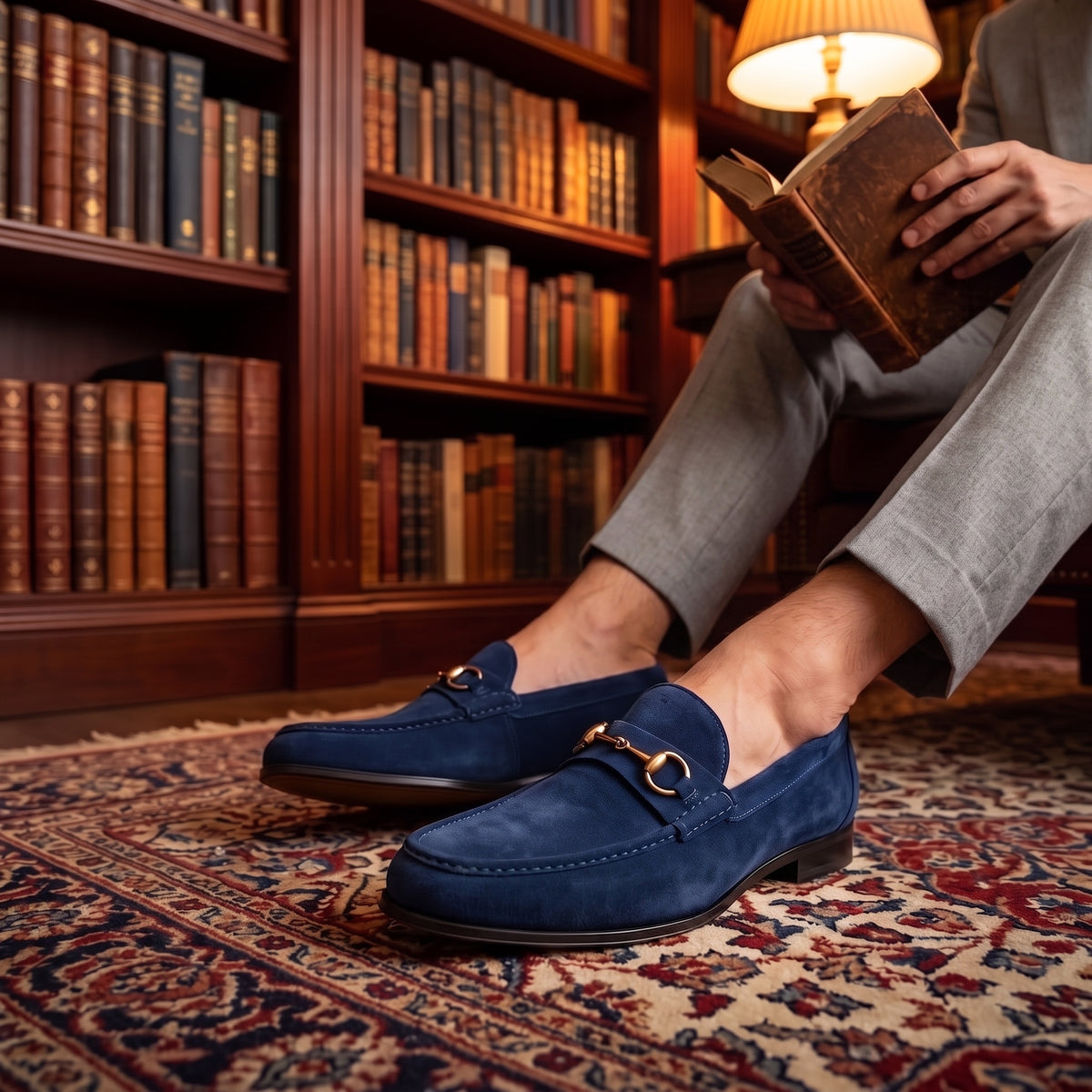Handcrafted Blue Suede Horsebit Loafers for Men