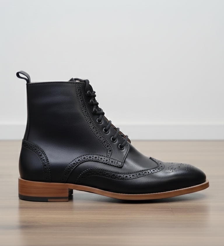 Handcrafted Black Leather Wingtip Brogue Boots