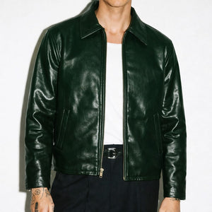 Close-up of Harmain Leathers Men's British Racing Green Leather Harrington Jacket with shirt collar and silver zip.