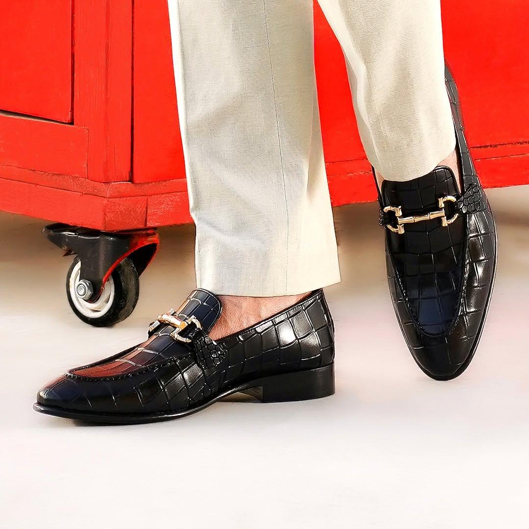 Black Crocodile-Embossed Leather Loafers