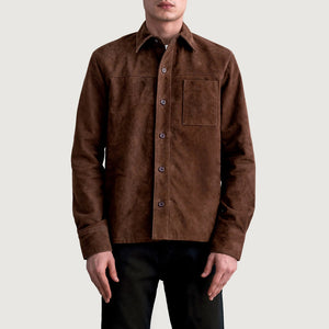 Tilted back view of the men's mocha brown suede leather shirt jacket, highlighting the back yoke and stitching.