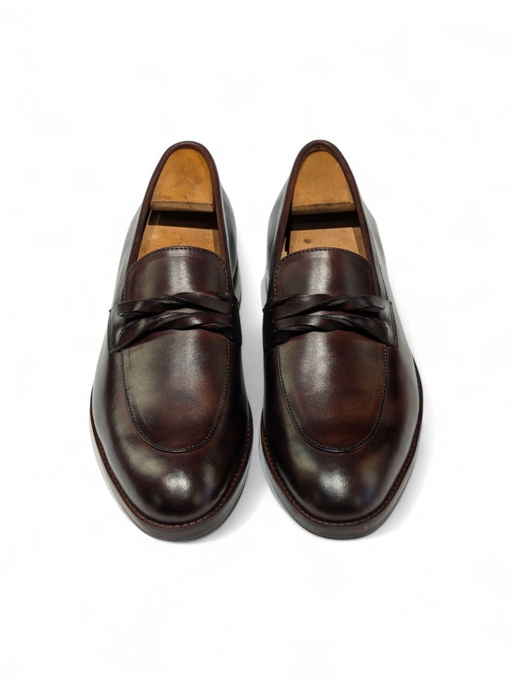 Hand-Burnished Espresso Leather Braided Strap Loafers
