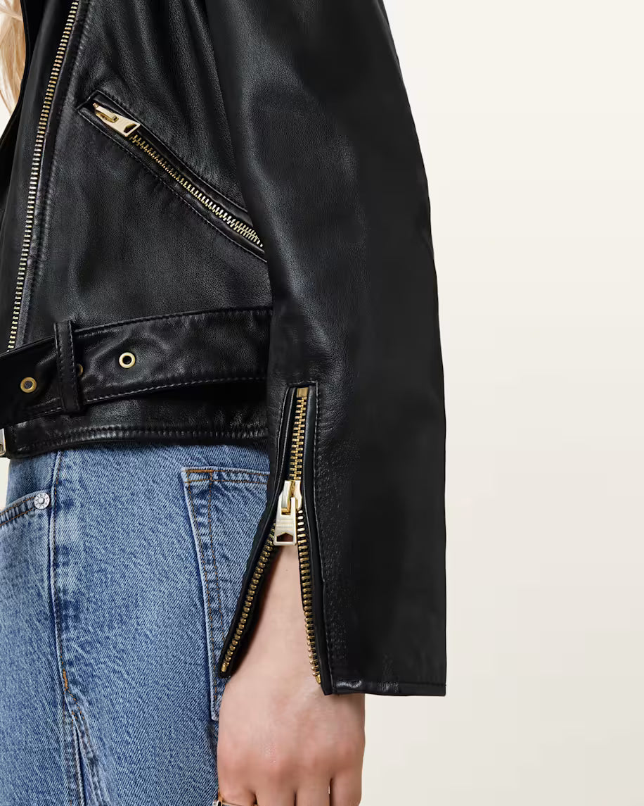 Black Genuine Leather Biker Jacket with Gold Zips