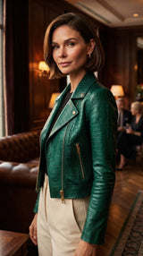 Cropped Crocodile-Embossed Leather Biker Jacket in Emerald Green