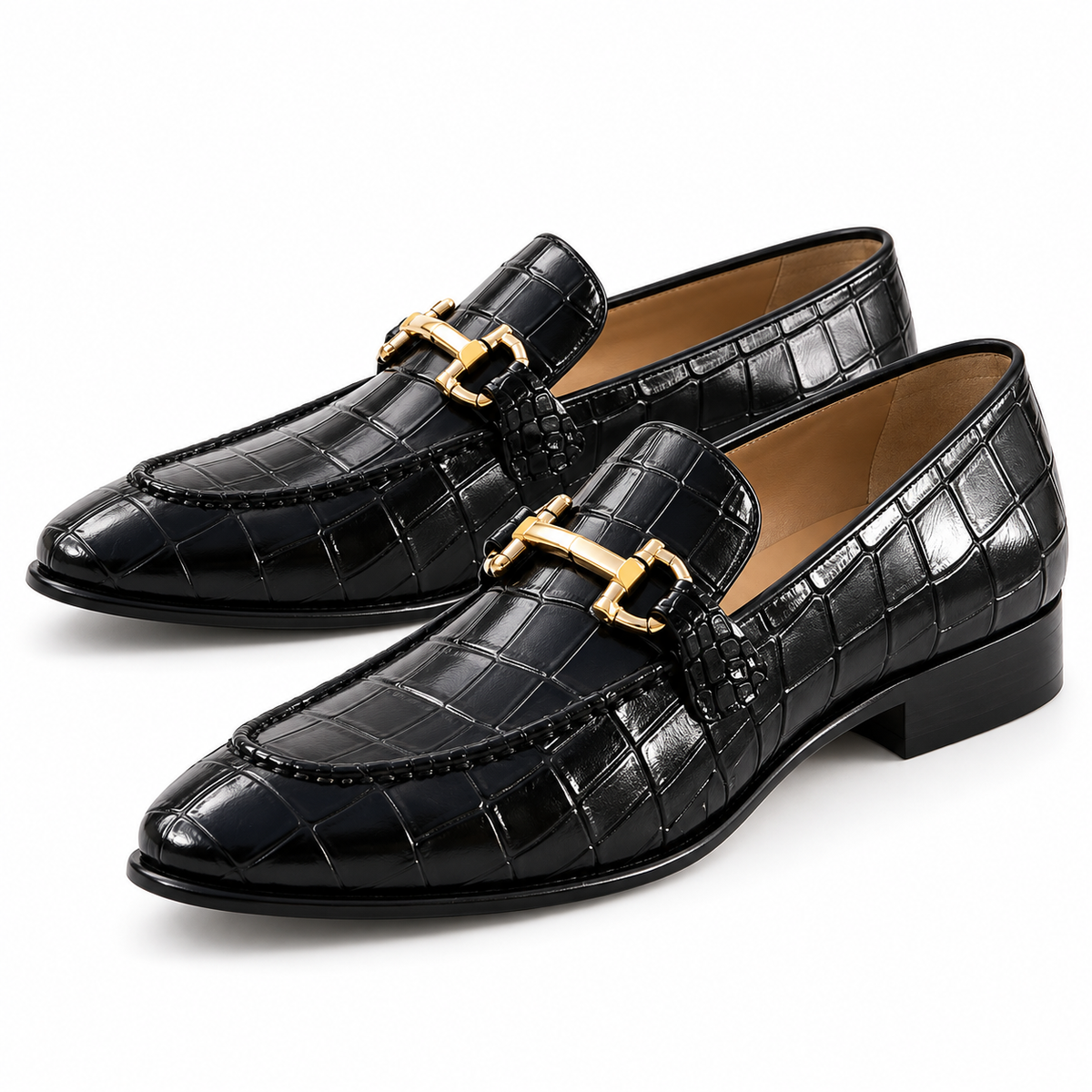 Harmain Leathers Men's Animal Black Crocodile-Embossed Leather Loafers