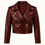 Burgundy Crocodile-Embossed Calf Leather Biker Jacket for Women