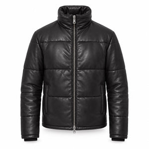 Men's black leather puffer jacket with quilted panels and zip front, front view
