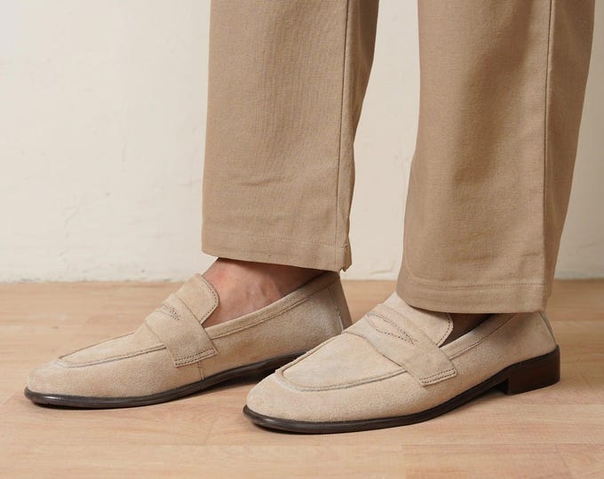 Men’s Stone Suede Penny Loafers - Premium Sand Slip-On Shoes