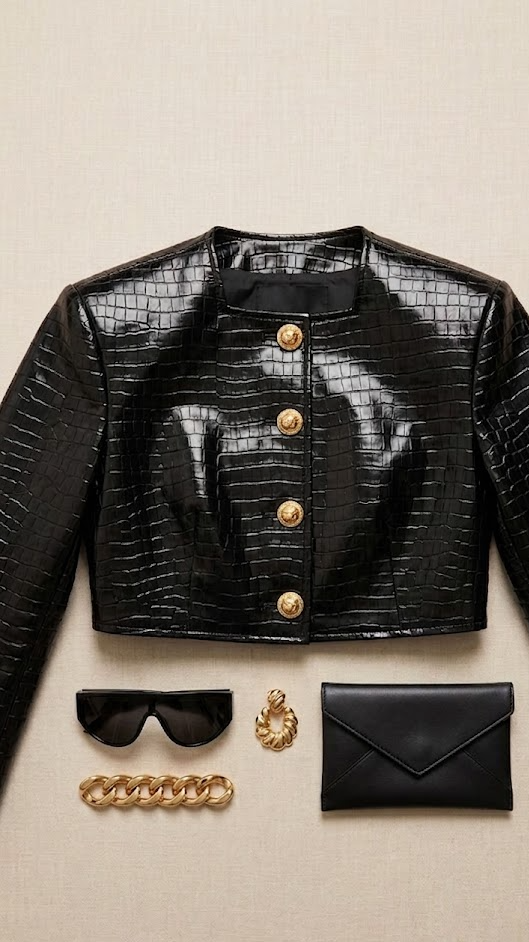 The Collarless Croc-Embossed Leather Jacket in Black