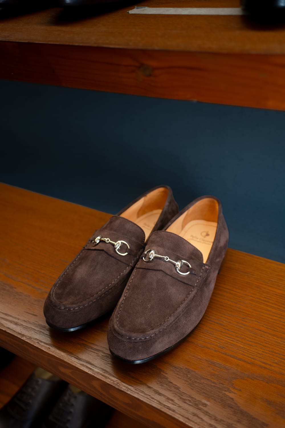 Dark Brown Suede Horsebit Loafers.