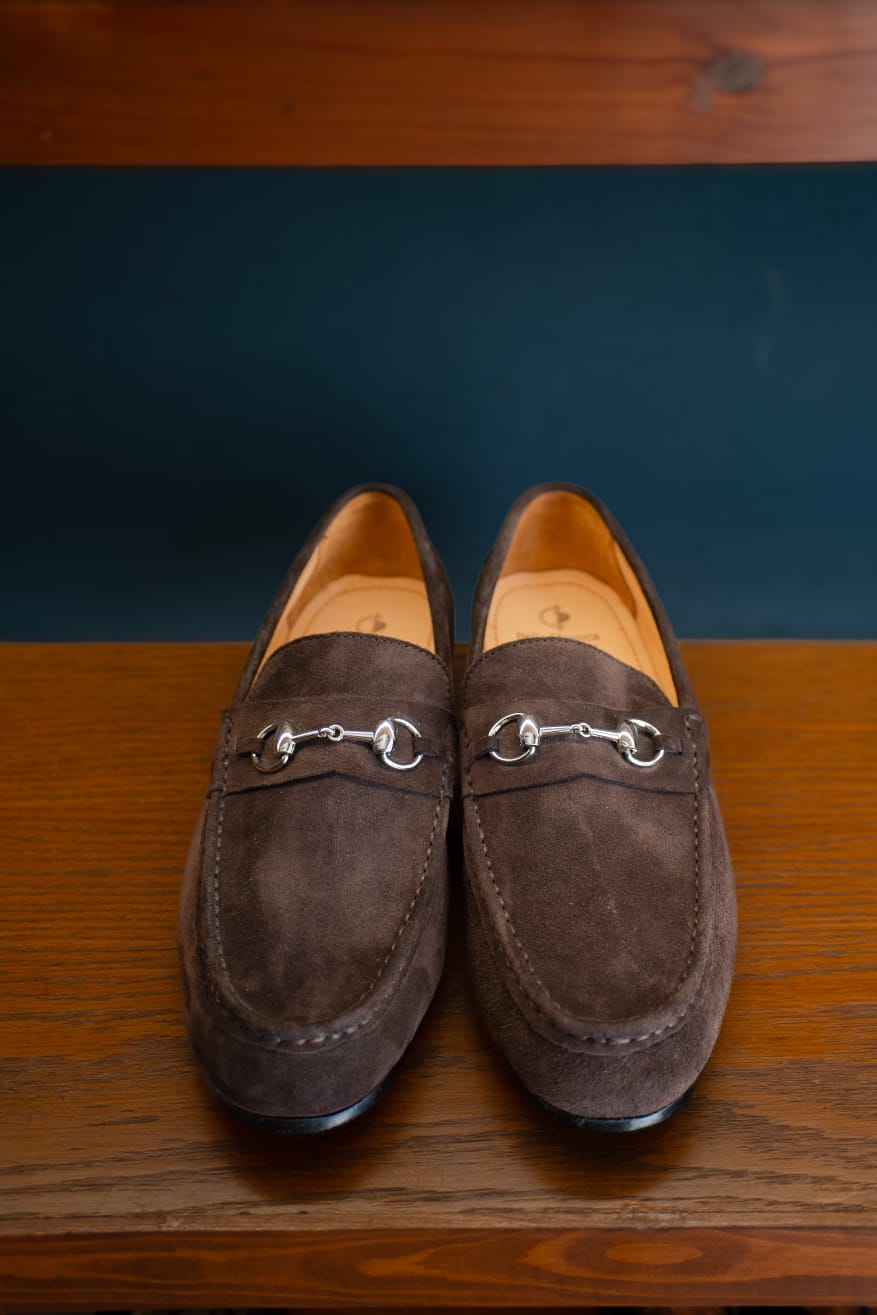 Dark Brown Suede Horsebit Loafers.