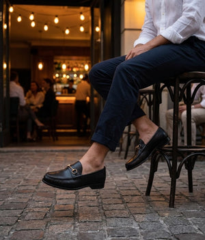 Men's Black Gold Bit Black Loafers styled for casual wear, Harmain Leathers, genuine leather craftsmanship