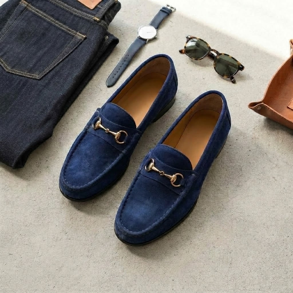 Handcrafted Blue Suede Horsebit Loafers for Men