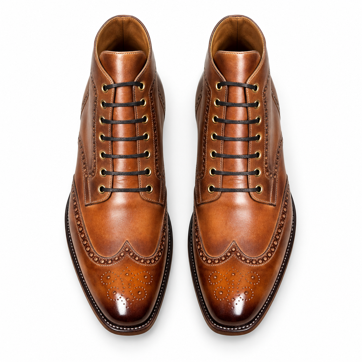 Lancaster brown brogue boots, top-down view of the wingtip toe and laces