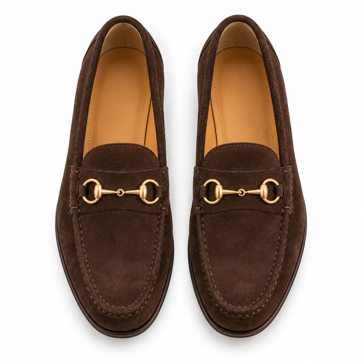 Dark brown suede horsebit loafers, top-down view