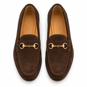 Dark brown suede horsebit loafers, top-down view