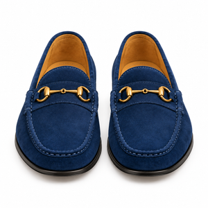 Blue suede horsebit loafers, front view of the gold metal bit