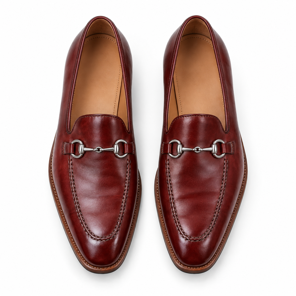 Burgundy leather horsebit loafers, top-down view