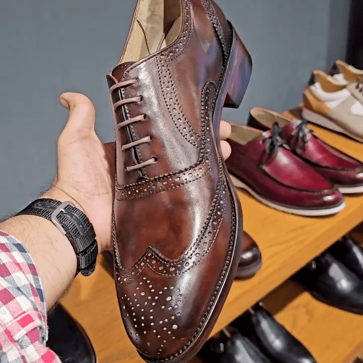 Unisex Signature Men's Hand-burnished Tan Leather Wingtip Brogues styled for everyday wear, Harmain Leathers