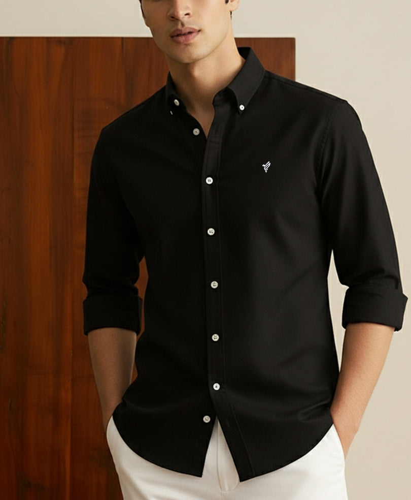 Harmain Leathers Men's Black & Red & Navy Men’s Essential Solid Oxford Shirt – Tailored Performance & Elegance, front view