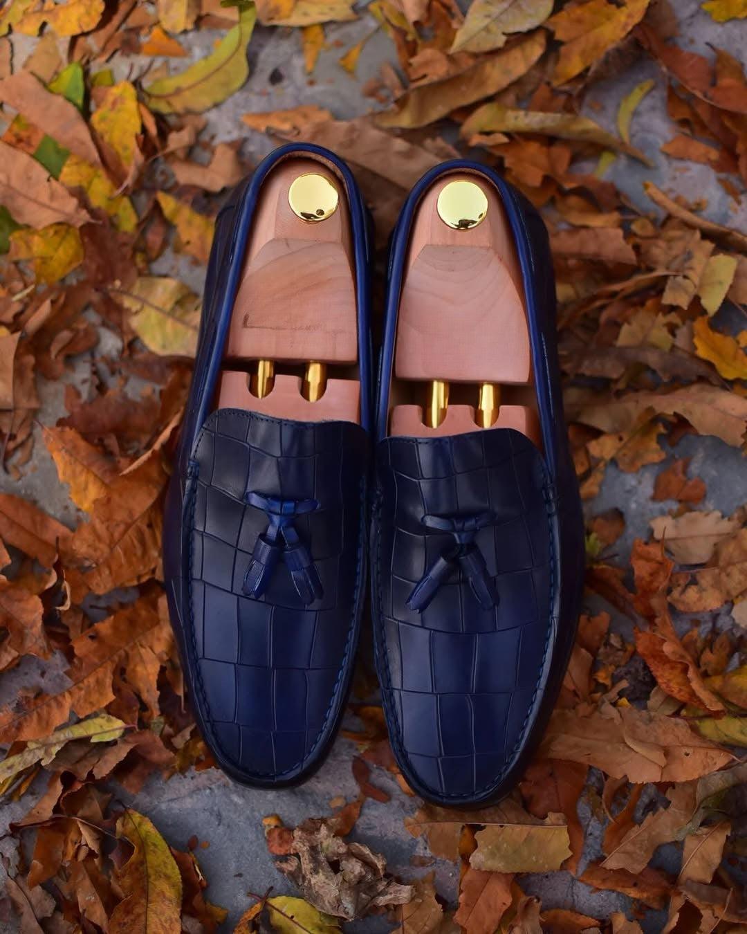 Men's Navy Navy Blue Crocodile-Embossed styled for casual wear, Harmain Leathers
