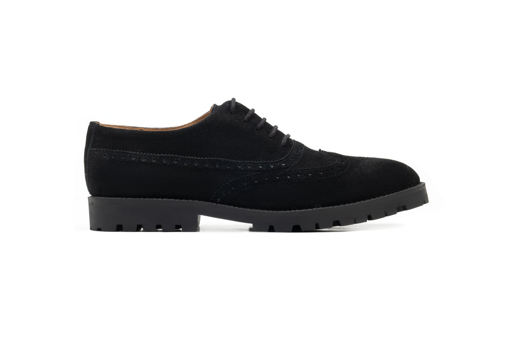 Men's Black Harmain Leathers | Handmade Black Suede Wingtip Brogues – Rugged Commando Sole styled for everyday wear,...