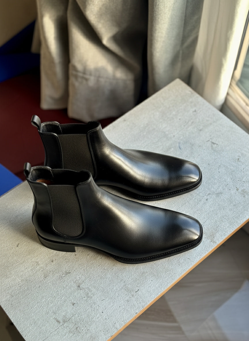 Harmain Leathers Men's Black Leather The Executive Leather Chelsea Boot – Polished Black, front view