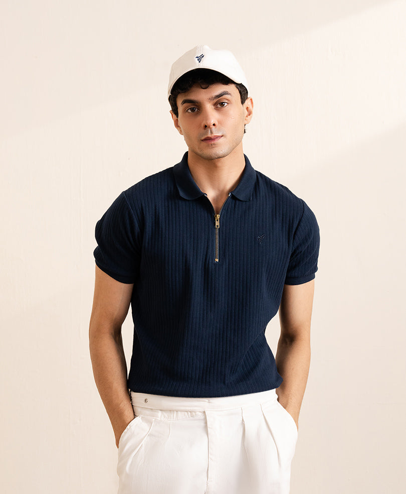 Men's Navy Men’s Quarter-zip Ribbed Knit Polo – Midnight Navy styled with chinos, Harmain Leathers