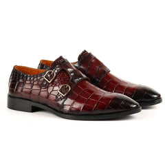 Burgundy Croc Monk Strap Shoes – Handcrafted Luxury for Men