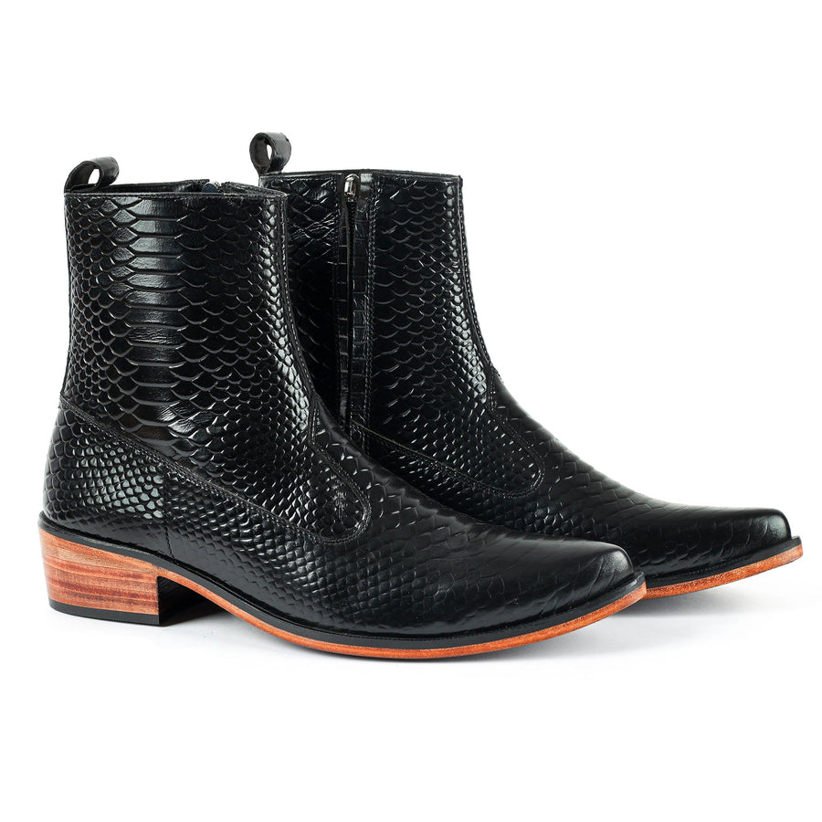 Men's Black Snakeskin Emboss Leather Chelsea Boots – Premium Exotic Textured Zip Boot