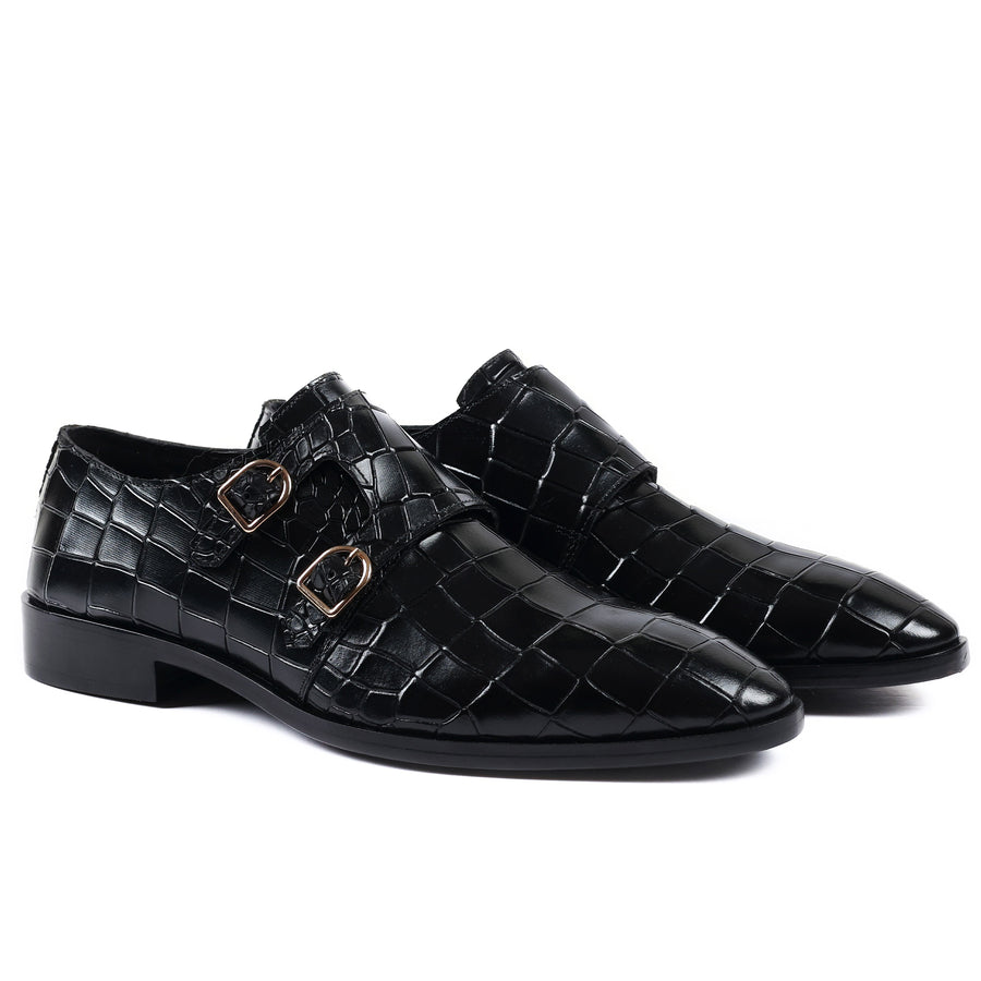 Men's Black Crocodile Pattern Double Monk Strap Shoes