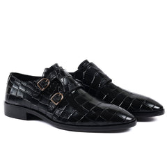 Men's Black Crocodile Pattern Double Monk Strap Shoes