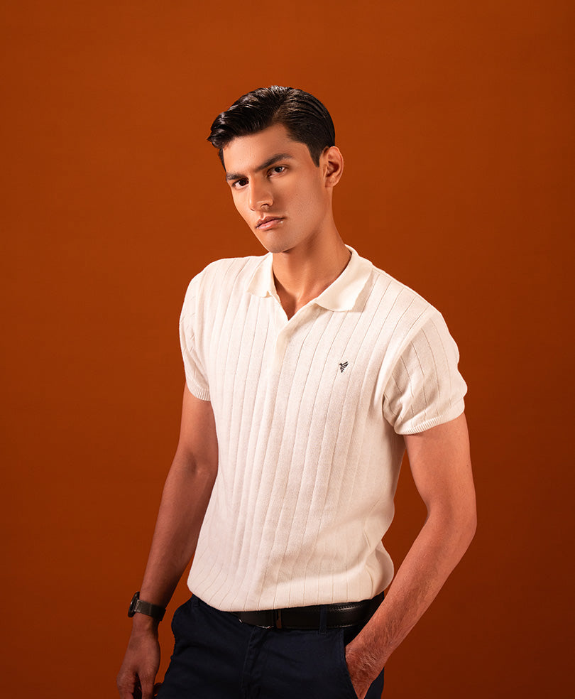 Harmain Leathers Men's White & Blue & Purple Knit Cotton Polo – Ribbed Texture & Classic Fit, front view