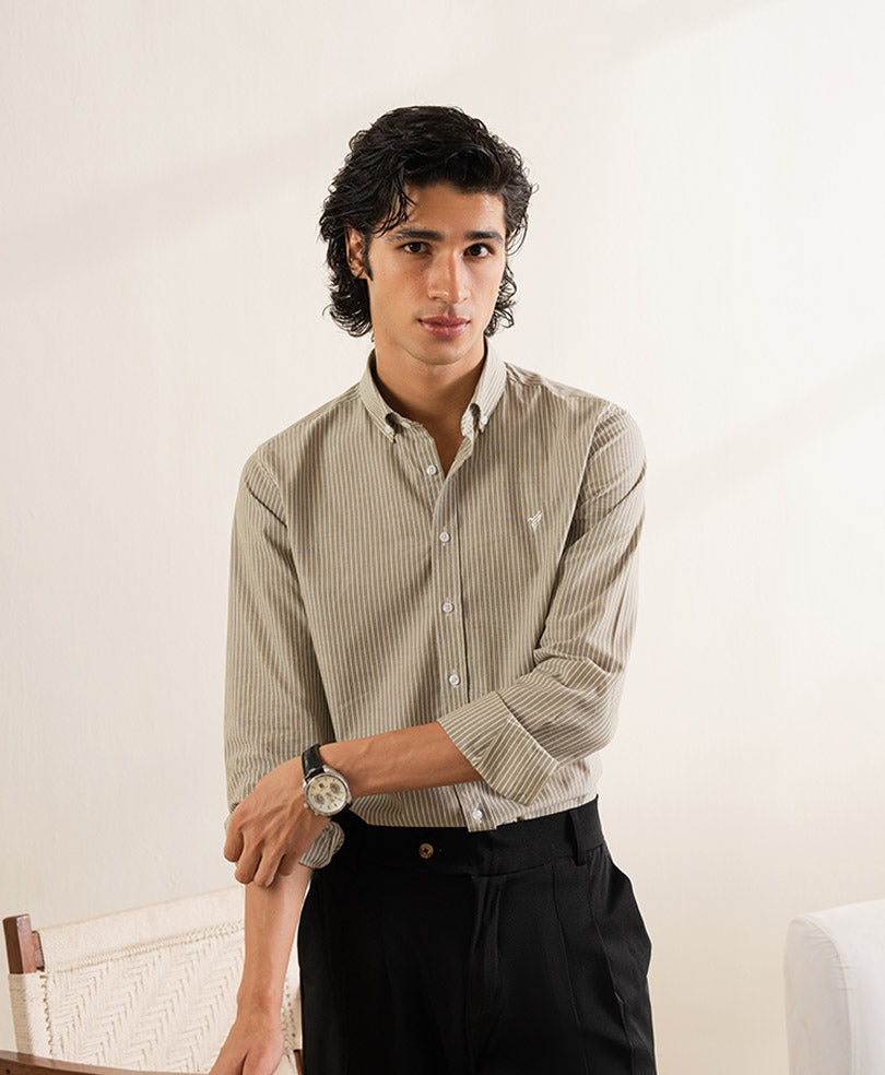 Men's Striped Men’s Tailored Candy Stripe Oxford Shirt – Earthy Sage & White styled for smart casual wear, Harmain Leathers