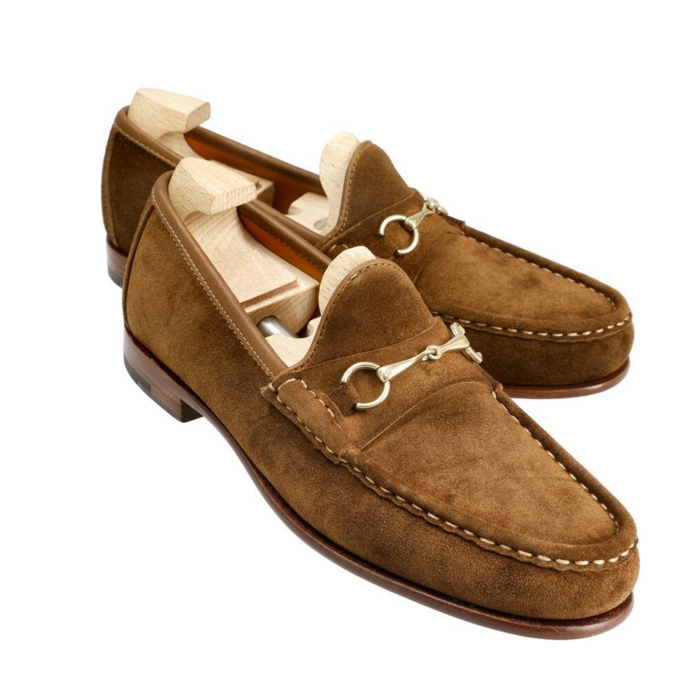 Harmain Leathers Unisex Brown Suede And  Leather Snuff Suede Horsebit Loafers, front view